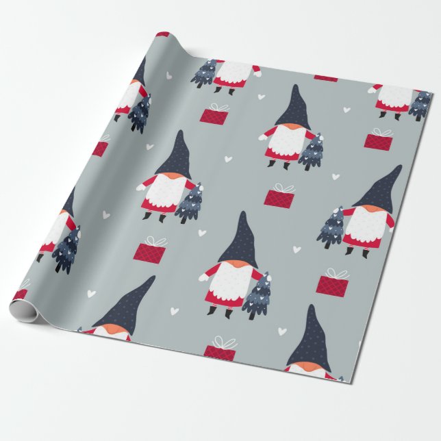 Cute Christmas Gnome Wrapping Paper (Unrolled)