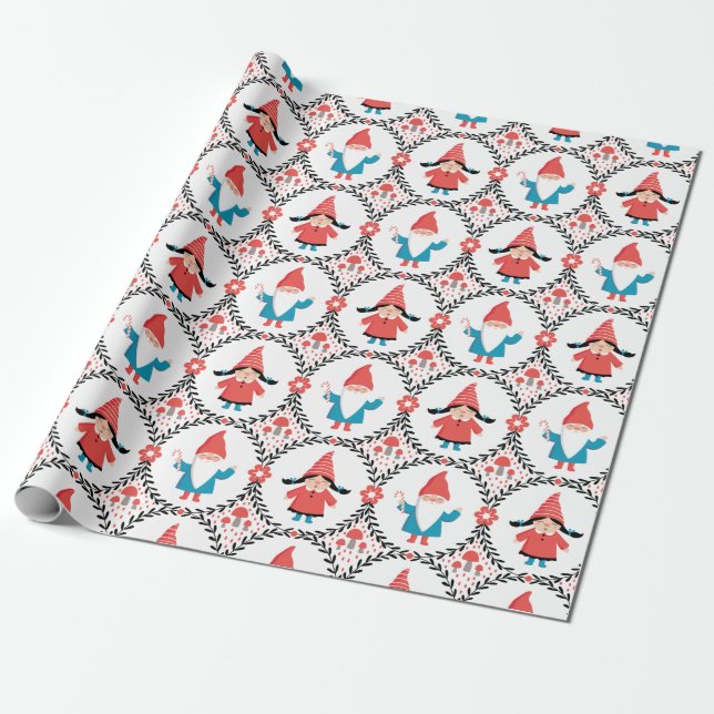 Cute Christmas Gnome Wrapping Paper (Unrolled)