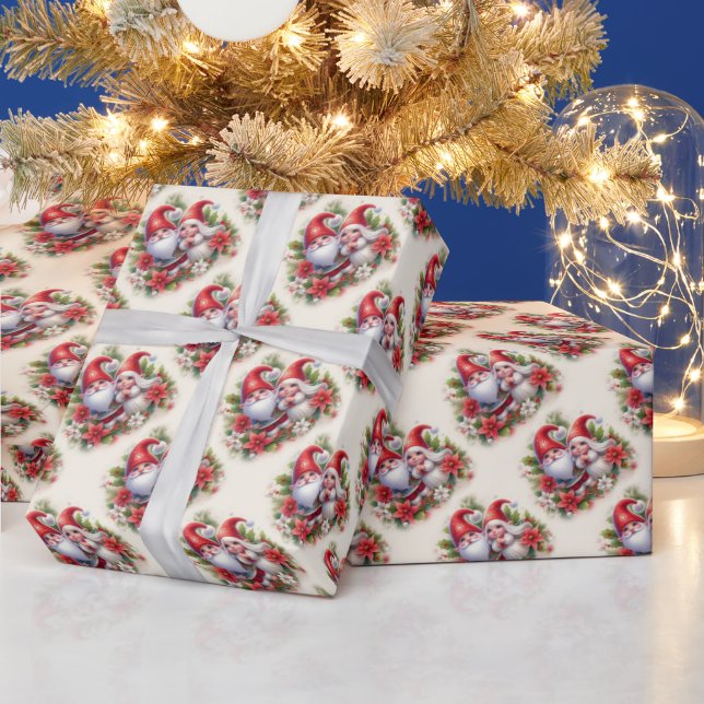Cute Christmas Gnomes and Poinsettias Wrapping Paper (Holidays)