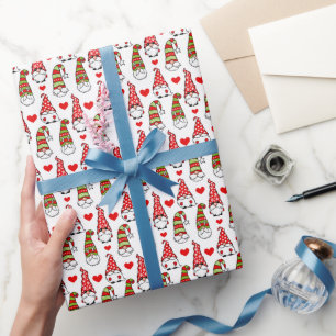 Cute Christmas Gnomes And Red Heart Wrapping Paper