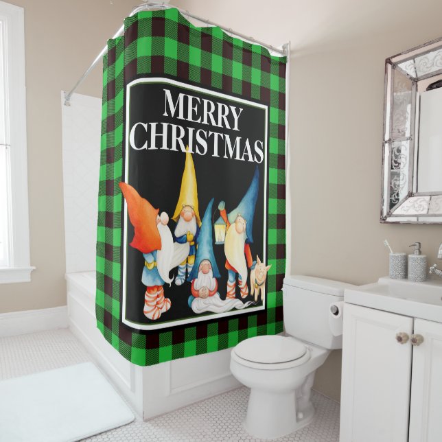 Cute Christmas Gnomes Blue & Black Buffalo Plaid Shower Curtain (In Situ)