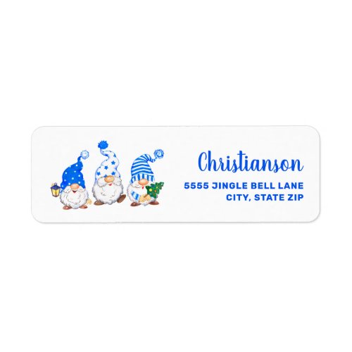 Cute Christmas Gnomes Blue White Holiday Label