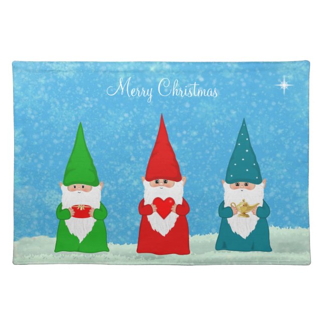 Cute Christmas Gnomes Dressed in Blue Red &  Green Cloth Placemat (Front)