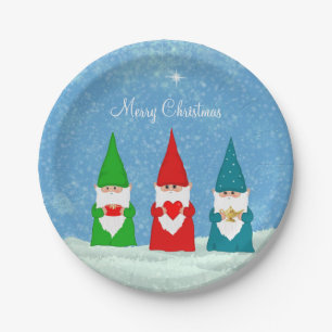 Cute Christmas Gnomes Dressed in Blue Red & Green Paper Plates