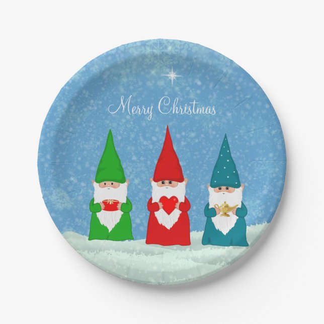 Cute Christmas Gnomes Dressed in Blue Red &  Green Paper Plates (Front)