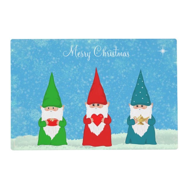 Cute Christmas Gnomes Dressed in Blue Red &  Green Placemat (Front)