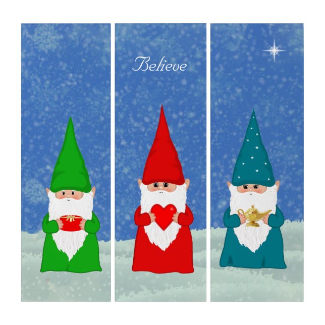 Cute Christmas Gnomes Dressed in Blue Red &  Green Triptych (Front)