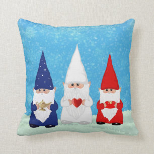 Cute Christmas Gnomes Dressed in Blue Red & White Throw Pillow