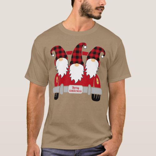 Cute Christmas gnomes in Plaid Hats and red truck  T_Shirt