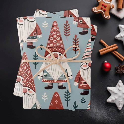 Cute Christmas Gnomes in Red and Grey Wrapping Paper Sheets