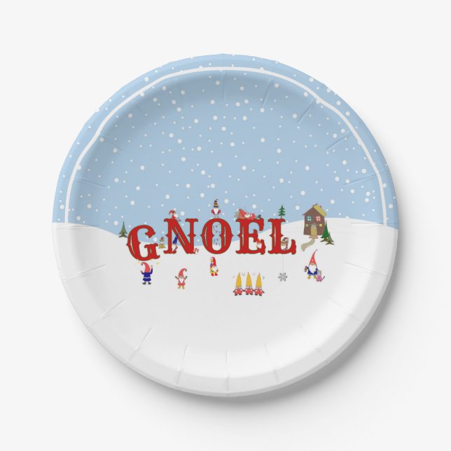 Cute Christmas Gnomes in Snow NOEL Holiday Party Paper Plates (Front)