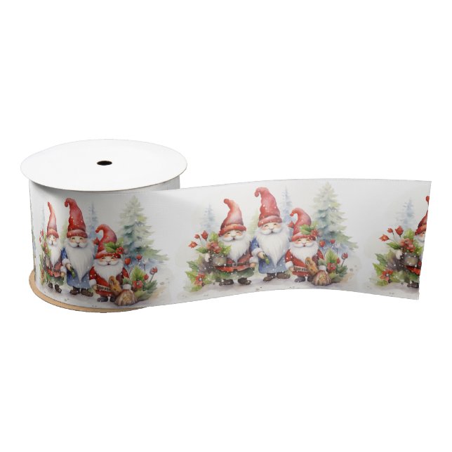 Cute Christmas Gnomes In Snowflakes Satin Ribbon (Spool)