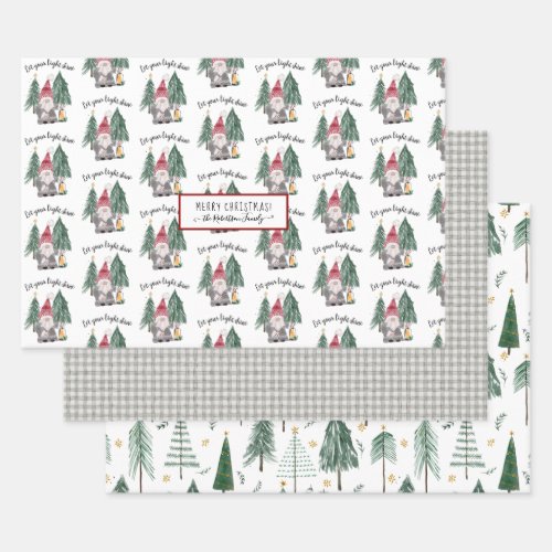 Cute Christmas Gnomes Light Shine Forest Tree Star Wrapping Paper Sheets