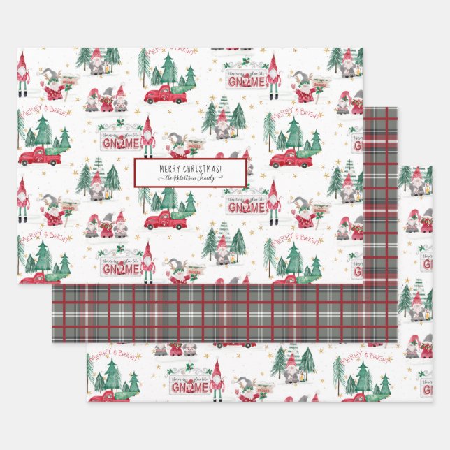 Cute Christmas Gnomes Merry n Bright Forest Truck  Wrapping Paper Sheets (Set)