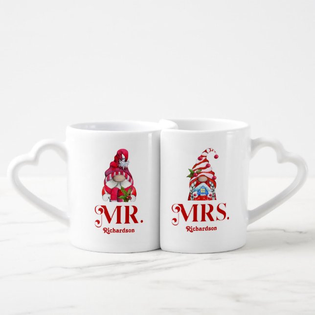 Cute Christmas Gnomes Mr. and Mrs. Holiday Coffee Mug Set (Front Nesting)