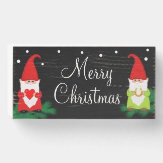 Cute Christmas gnomes on black wooden box sign