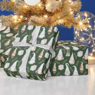 Cute Christmas Gnomes on Green Wrapping Paper