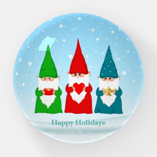 Cute Christmas Gnomes on Light Blue Paperweight