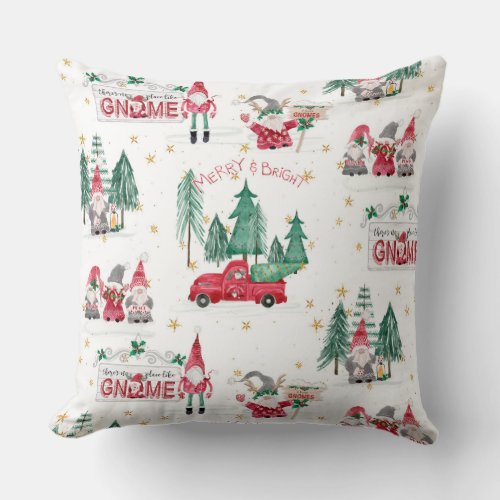 Cute Christmas Gnomes Red Truck Forest Trees Holly Throw Pillow