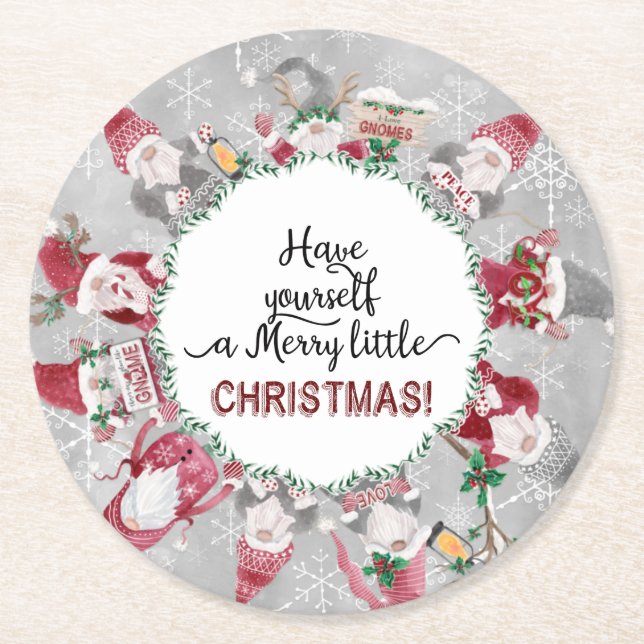Cute Christmas Gnomes Santa Hats Holly Red Gray Round Paper Coaster (Front)