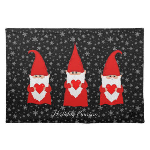 Cute Christmas Gnomes & Snowflakes on Black Cloth Placemat