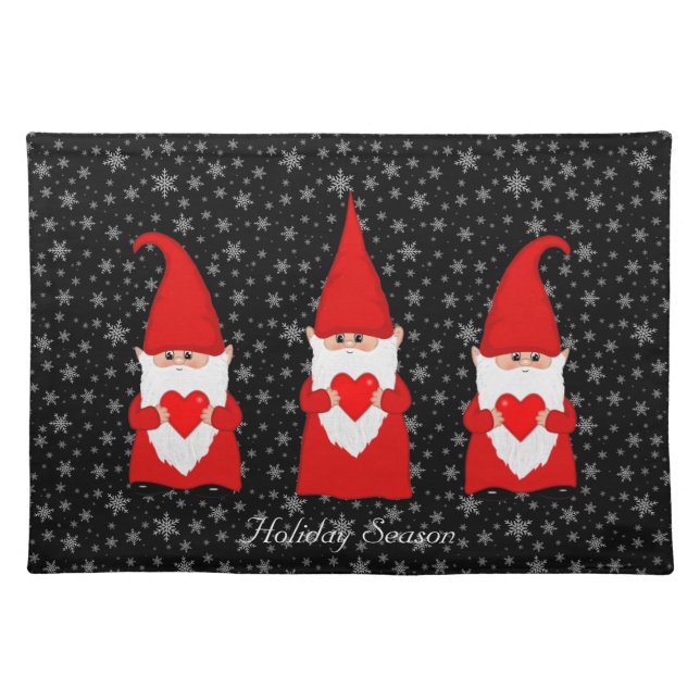 Cute Christmas Gnomes & Snowflakes on Black Cloth Placemat (Front)