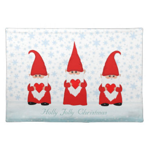 Cute Christmas Gnomes & Snowflakes on White Cloth Placemat