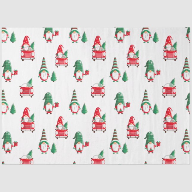 Cute Christmas Gnomes Tree on Red Car Tissue Paper (Front)