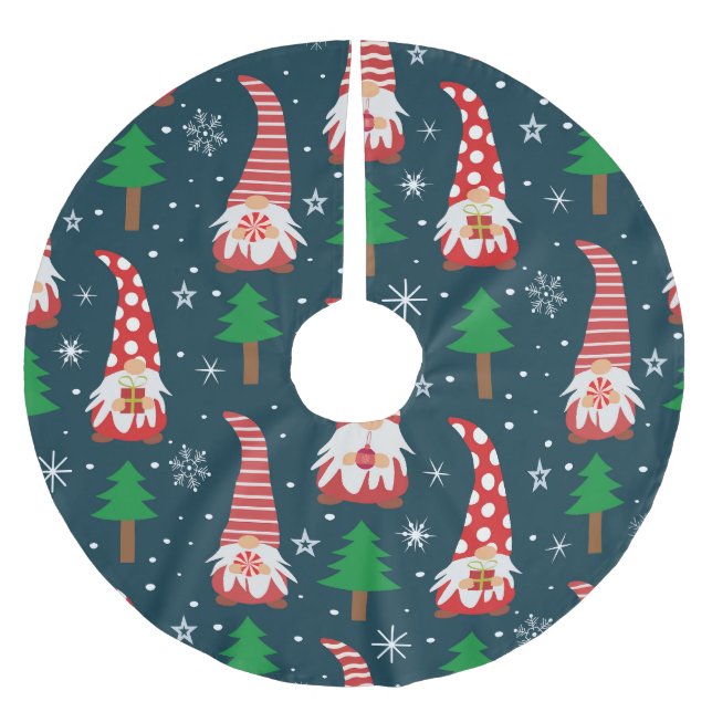 Cute Christmas Gnomes with Pine Tree and Snowflake Brushed Polyester Tree Skirt (Front)