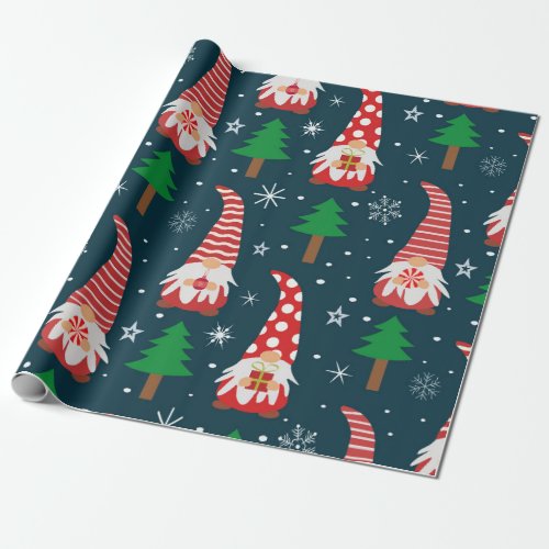 Cute Christmas Gnomes with trees and snowflakes   Wrapping Paper