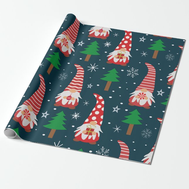 Cute Christmas Gnomes with trees and snowflakes   Wrapping Paper (Unrolled)