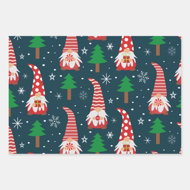 Cute Christmas Gnomes with trees and snowflakes  Wrapping Paper Sheets (Front)