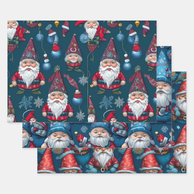 Cute Christmas Gnomes Wrapping Paper 3xFlat Sheet (Set)