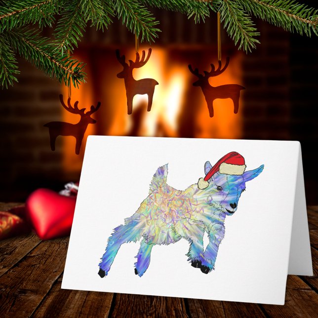 Cute Christmas Goat Colorful Farm Animal Art Card (Cute christmas pigmy goat wearing a santa hat, colorful farm animal art holiday greetings card)