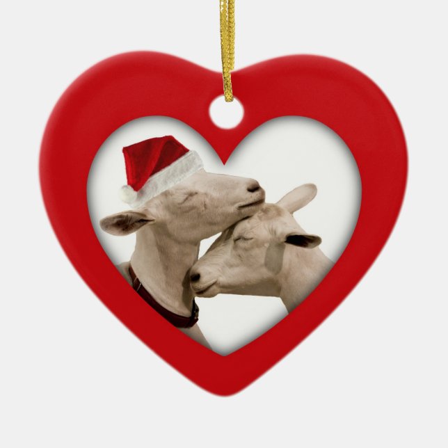 Cute Christmas Goat Couple Ceramic Ornament (Front)