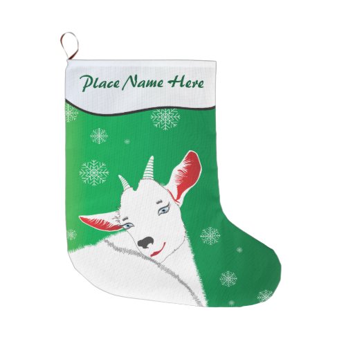 Cute Christmas Goat Green YOUR NAME HERE Large Christmas Stocking