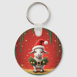 Cute Christmas Goat in Santa Hat Festive Design Keychain
