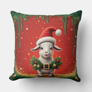 Cute Christmas Goat in Santa Hat Festive Design Throw Pillow