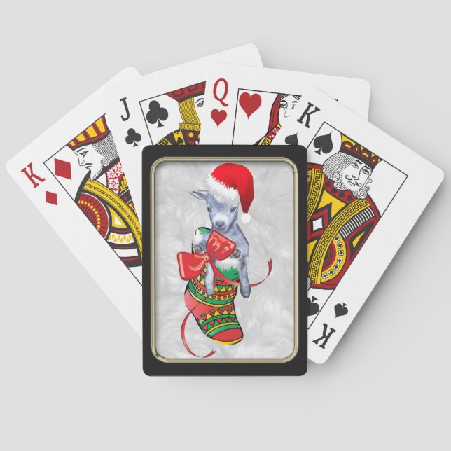 Cute Christmas Goat in Stocking Playing Poker Cards (Back)