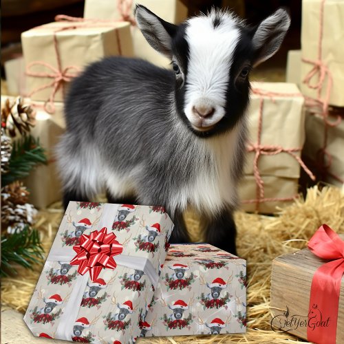 Cute Christmas Goat Pygmy Kid Floral Wreath Small Wrapping Paper