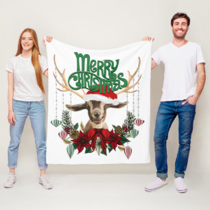 Cute Christmas Goat with Antlers and Wreath Fleece Blanket