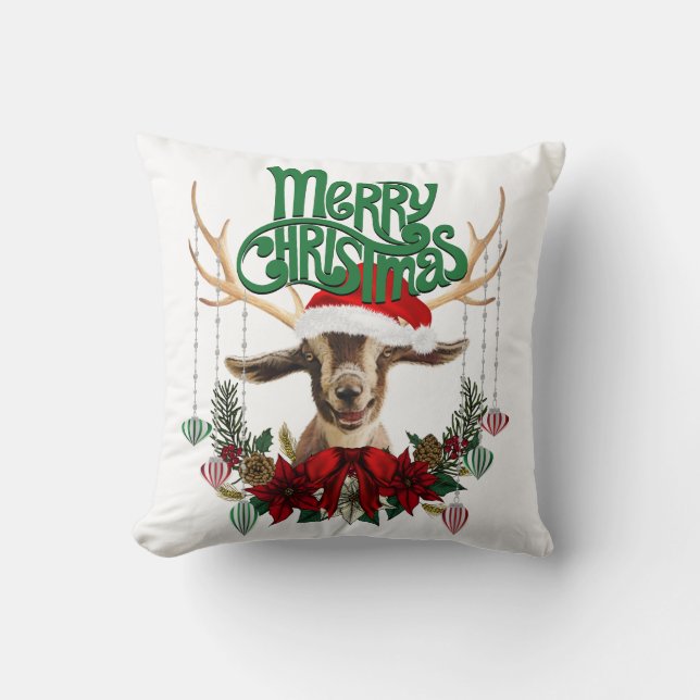 Cute Christmas Goat with Antlers and Wreath Throw Pillow (Front)