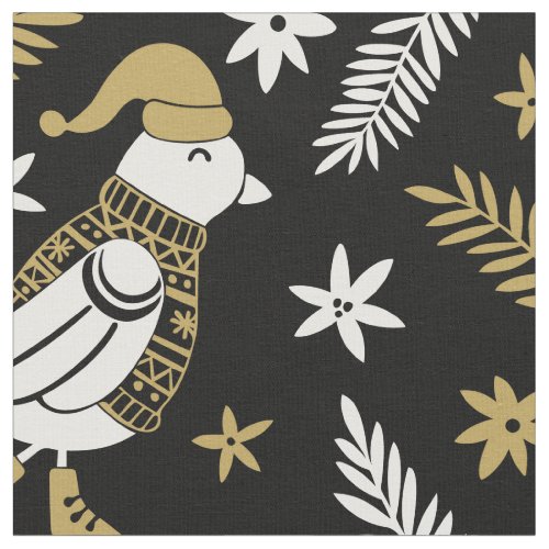 Cute Christmas Gold White Partridge Black Pattern Fabric