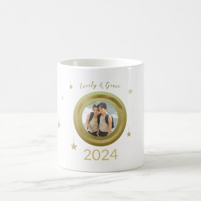 Cute Christmas Golden Frame One Photo Stars Coffee Mug (Center)