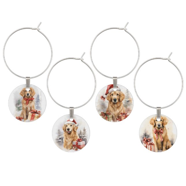 CUTE CHRISTMAS GOLDEN RETRIEVER DOGS WITH HATS WINE CHARM (Staggered)