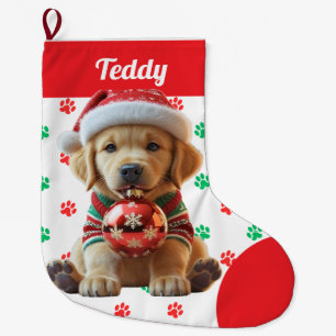 Cute Christmas Golden Retriever Puppy Personalized Large Christmas Stocking