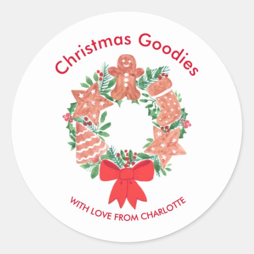 Cute Christmas Goodies Wreath Name Classic Round Sticker