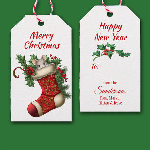 Cute Christmas Gray Mouse Peeking Gift Tags