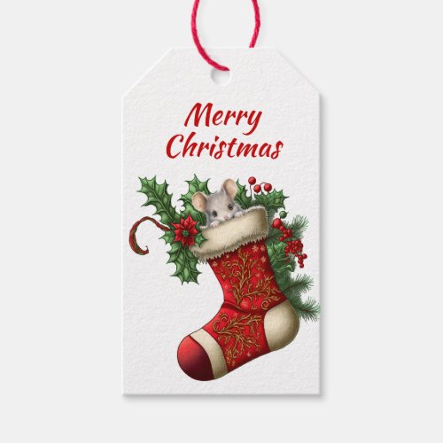 Cute Christmas Gray Mouse Peeking Gift Tags
