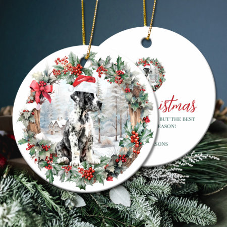 Cute Christmas Great Dane Dog Puppy Santa Hat Ceramic Ornament
